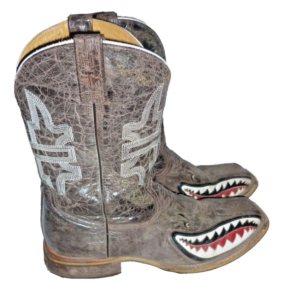 Tin Haul Toastin Gnarly Shark Embroidered Square Toe Pull On Cowboy Boots 13 EE